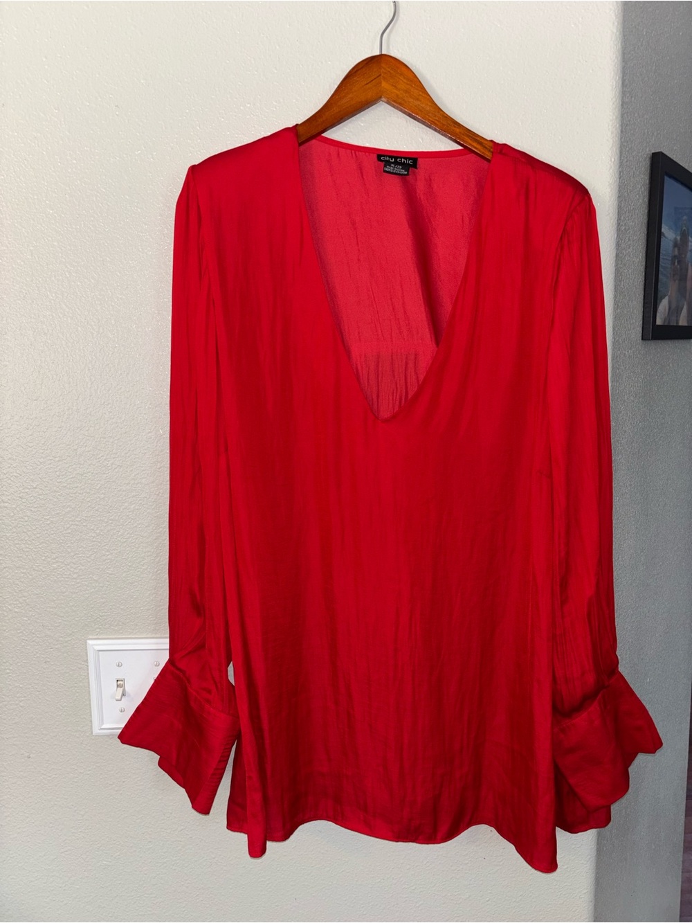 City Chic Vibrant Red V-Neck Long Sleeve Blouse